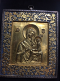 Framed brass enameled Virgin of Tikhvin