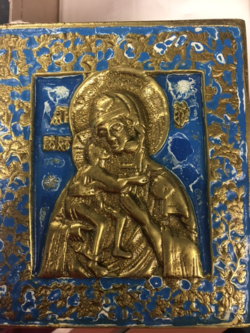 19th Century enameled metal Virgin of Vladimir  icon