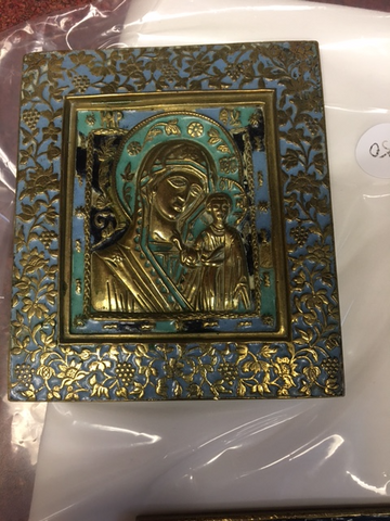 19th Century enameled metal Virgin of Kazan icon