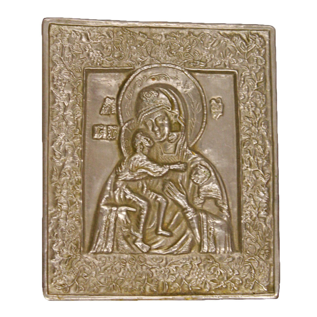 Front view of Mother of God metal icon
