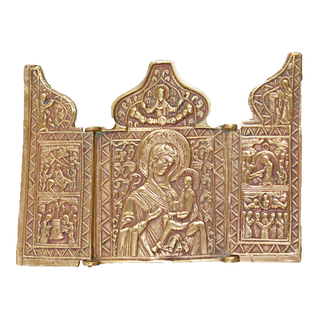 Front view of Mother of God Triptych metal icon